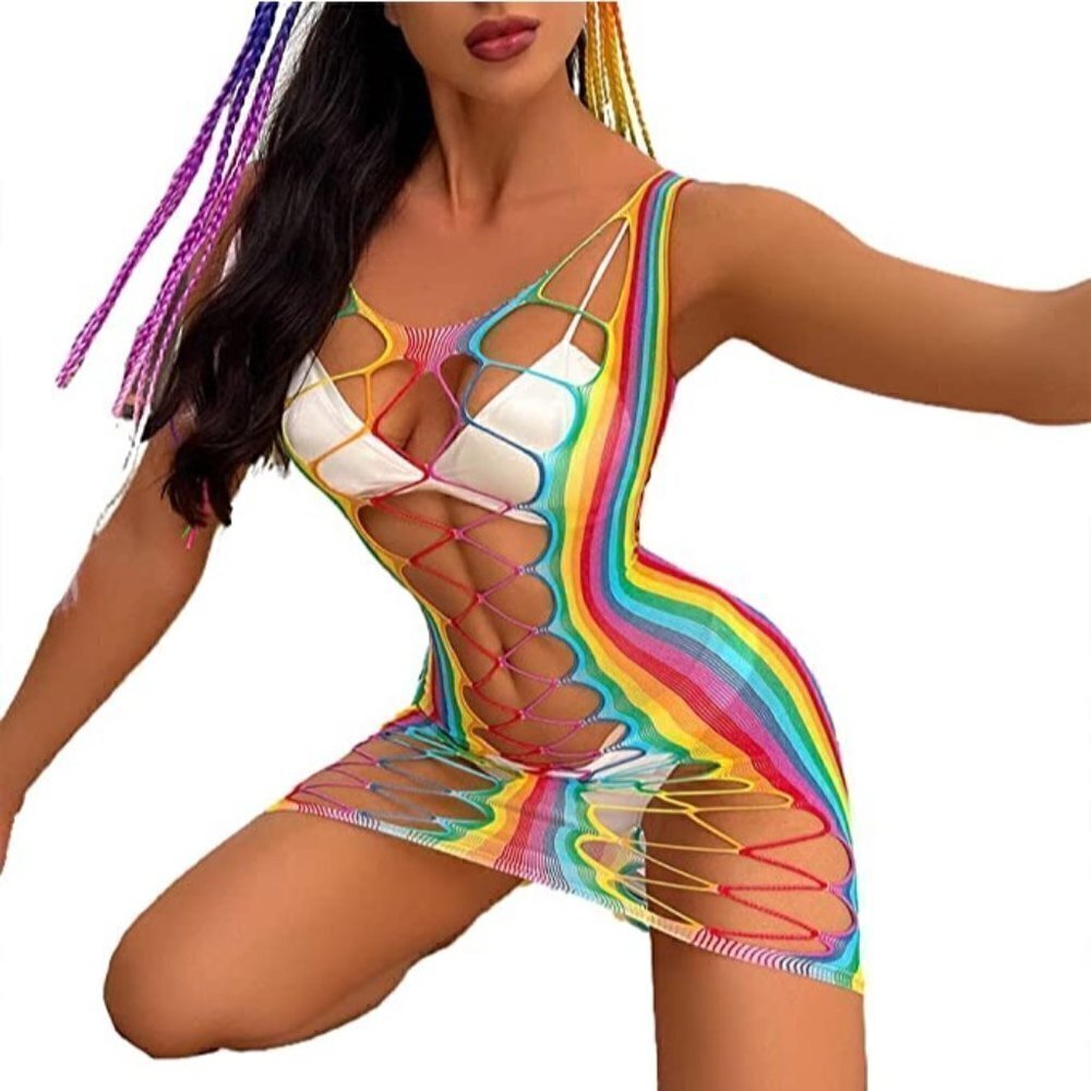 🌈 Rainbow Fishnet Stockings Mesh Lingerie Bodysuit Party Rave Boho Cosplay NWT